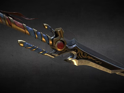 Ornate Mythical Sword With Twisted Colorful Hilt Golden Accents And Red Gemstone Engraved Blade 3d model