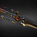 Ornate Mythical Sword With Twisted Colorful Hilt Golden Accents And Red Gemstone Engraved Blade