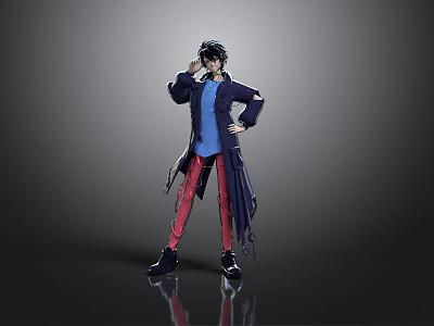 Child With Black Hair Posing In Blue Shirt Red Pants And Dark Coat 3d model