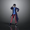 Child With Black Hair Posing In Blue Shirt Red Pants And Dark Coat