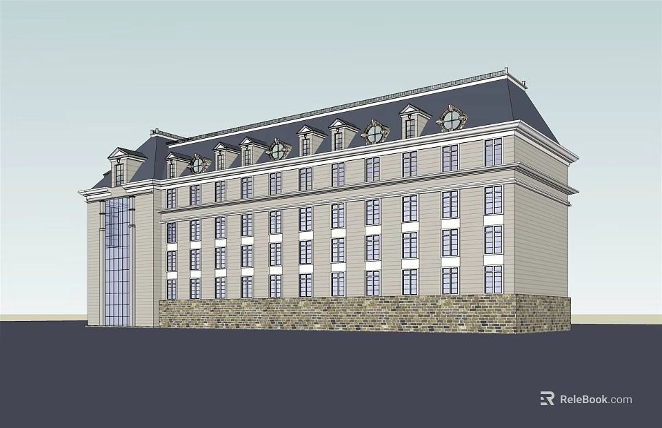 Classical Building Exterior With Gray Roof Beige Walls Stone Base And Windows 3d model 