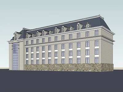 Classical Building Exterior With Gray Roof Beige Walls Stone Base And Windows 3d model