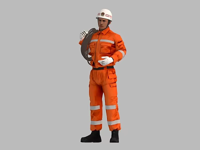 A Man in Orange Work Uniform with White Safety Helmet Holding Coiled Cable 3d model