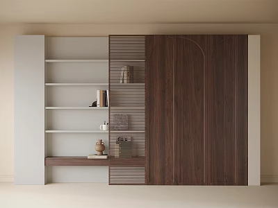 Modern Bookcase Interior Design With White Shelves And Wooden Cabinet Doors 3d model