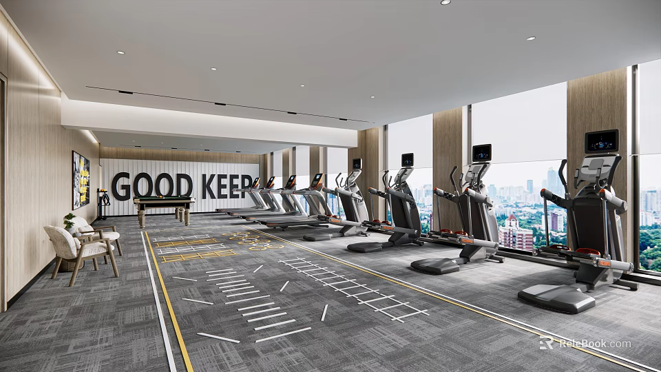 Spacious Fitness Gym Interior With GOOD KEEP Sign Treadmills And City View 3d model 