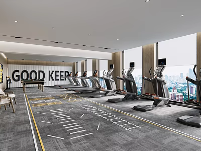 Spacious Fitness Gym Interior With GOOD KEEP Sign Treadmills And City View 3d model