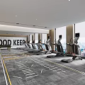 Spacious Fitness Gym Interior With GOOD KEEP Sign Treadmills And City View