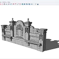 Ornate Stone Architectural Component with Symmetrical Pillars Carvings Decorative Spires Central Arch and Side Seating