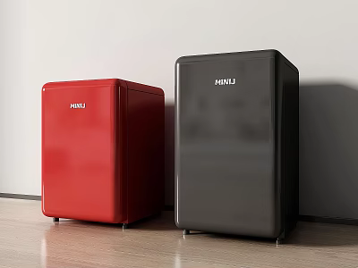 HENU Red And Black Refrigerator Freezers In Modern Home Interior On Wooden Floor 3d model