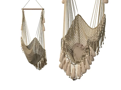 Macramé Hammock Chair Handwoven Beige with Tassel Details for Indoor Decor 3d model