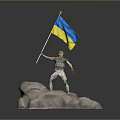 Game Movie Character Standing On Rock Holding Ukrainian Flag In Military Uniform With Rifle