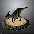 Colorful Dinosaur Model With Orange Horn And Blue Stripes On Circular Green Rimmed Sandy Base