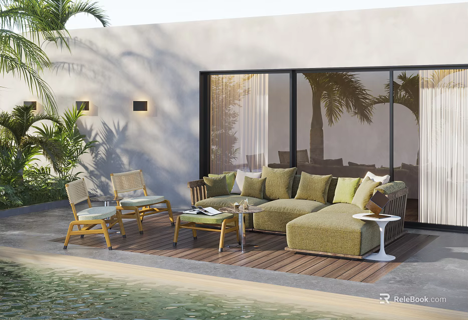 Cozy Outdoor Sofa With Green Cushions Plants And Poolside Wooden Deck Near Glass Doors 3d model 