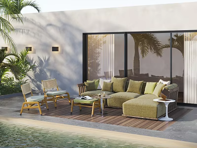 Cozy Outdoor Sofa With Green Cushions Plants And Poolside Wooden Deck Near Glass Doors 3d model