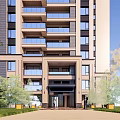 Multi story Residential Building Entrance With Glass Windows Decorative Canopy And Green Plants