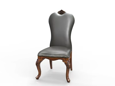 Elegant High Back Accent Chair With Gray Leather Upholstery And Carved Wooden Legs 3d model