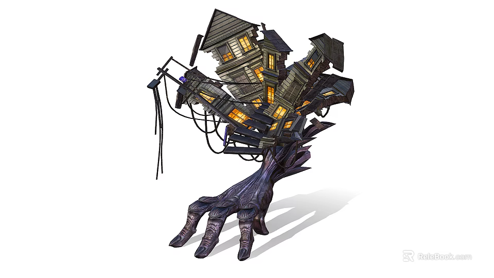 Haunted Monster Hand With Stacked Houses And Glowing Windows Clawed Form 3d model 