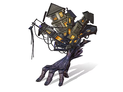 Haunted Monster Hand With Stacked Houses And Glowing Windows Clawed Form 3d model