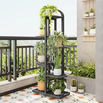 Villa Balcony With Multitier Plant Stand Various Plants And Scenic View 3d model