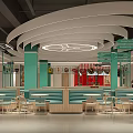 Modern Food Court Interior With Traffic Signs Tables Chairs And Tire Decorations