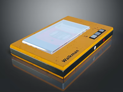 Vintage Yellow Walkman Electronic Device With Transparent Tape Compartment And Control Buttons 3d model