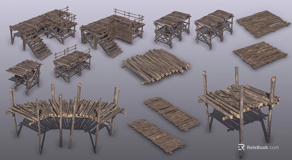 Wooden Building Structures Featuring Frames Platforms Steps And Planks 3d model 