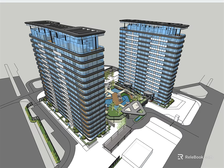 Modern Twin High Rise Buildings With Central Garden And Water Feature 3d model 