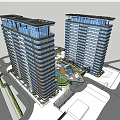 Modern Twin High Rise Buildings With Central Garden And Water Feature