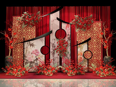Traditional Chinese Wedding Decoration With Red Curtains Screens And Floral Arrangements 3d model