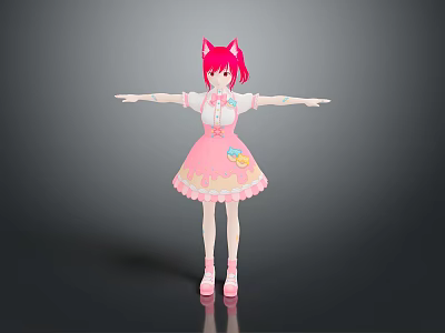 Child Character In Pink Dress With Red Cat Ears White Blouse And Pink Shoes 3d model