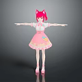 Child Character In Pink Dress With Red Cat Ears White Blouse And Pink Shoes