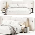 Modern Double Bed With Upholstered Headboard White Pillows Gray Blanket And Nightstand