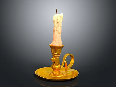 Golden Decorative Candlestick With Burned Candle On Tray Base For Home 3d model