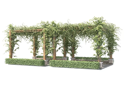 Wooden Garden Pergola Adorned With Climbing Green Vines And Trimmed Hedges 3d model