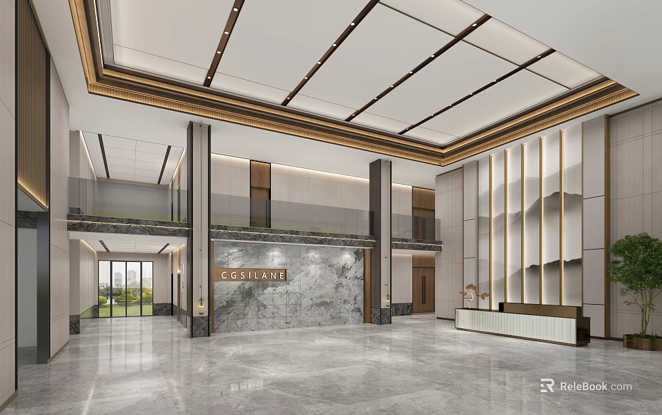 Modern Front Desk Reception Area With Marble Wall High Ceiling And Spacious Lobby 3d model
