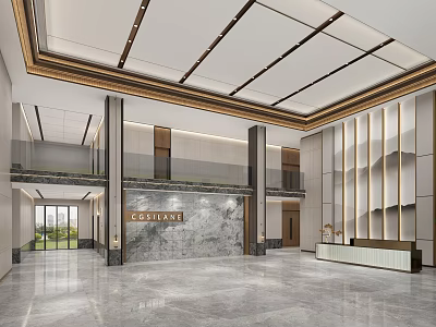 Modern Front Desk Reception Area With Marble Wall High Ceiling And Spacious Lobby 3d model
