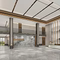 Modern Front Desk Reception Area With Marble Wall High Ceiling And Spacious Lobby 3d model