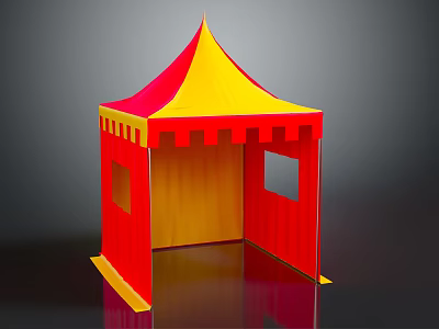 Red And Yellow Castle Shaped Tent With Pointed Roof And Windows 3d model