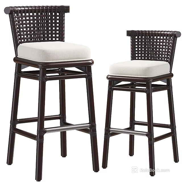 Two Woven Backrest Bar Stools With Wooden Frames And White Cushions For Modern Kitchen Home Bar 3d model 
