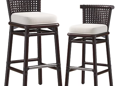Two Woven Backrest Bar Stools With Wooden Frames And White Cushions For Modern Kitchen Home Bar 3d model