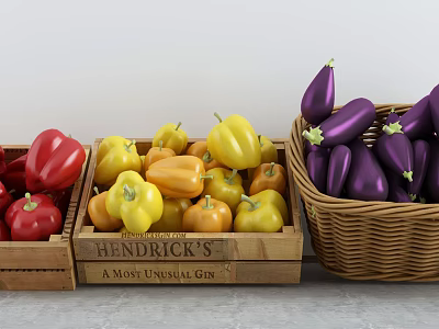 Fresh Red Yellow Bell Peppers and Eggplants in Wooden Crates and Wicker Basket 3d model