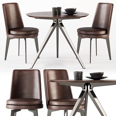 Modern Dining Table Set With Round Top Brown Leather Chairs And Metal Legs Design 3d model