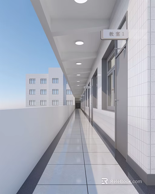 Elevator Hallway With Bright White Walls Tiled Floor Ceiling Lights Windows And Distant Building 3d model 