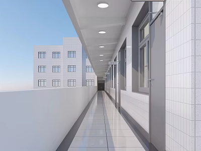 Elevator Hallway With Bright White Walls Tiled Floor Ceiling Lights Windows And Distant Building 3d model