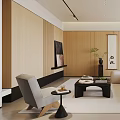 Modern Living Room Interior With Beige Sofa Black Coffee Table Wooden Walls And Bookshelves