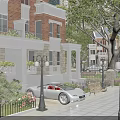 Garden Landscape With Red Brick Building Balcony Trees Street Lamps Bench And Silver Sports Car