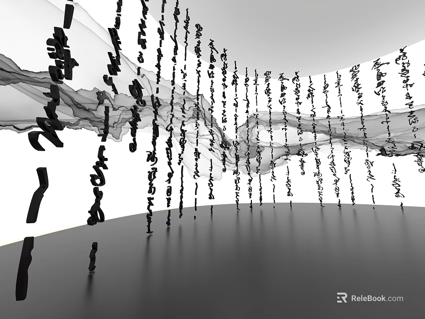 Museum Exhibition Featuring Flowing Art Installation With Hanging Black Characters And White Gray Background 3d model 