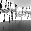 Museum Exhibition Featuring Flowing Art Installation With Hanging Black Characters And White Gray Background