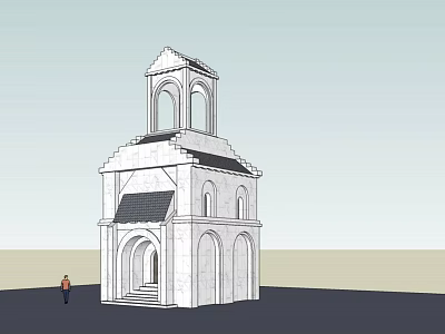 Multi Story White Stone Tower Building With Arched Windows And Small Figure 3d model