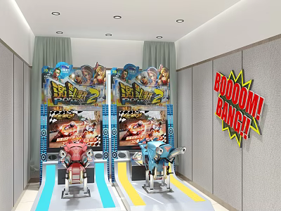 Entertainment Room Interior With Spider Man Game Screens Racing Seats And Boom Bang Decor 3d model